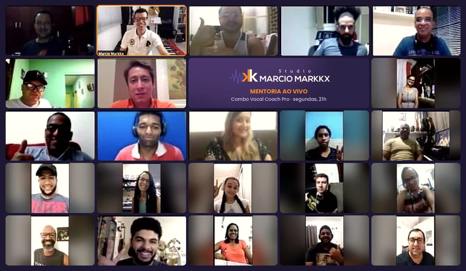 Alunos do Combo Vocal Coach Pro reunidos na mentoria ao vivo pelo Zoom com Marcio Markkx
